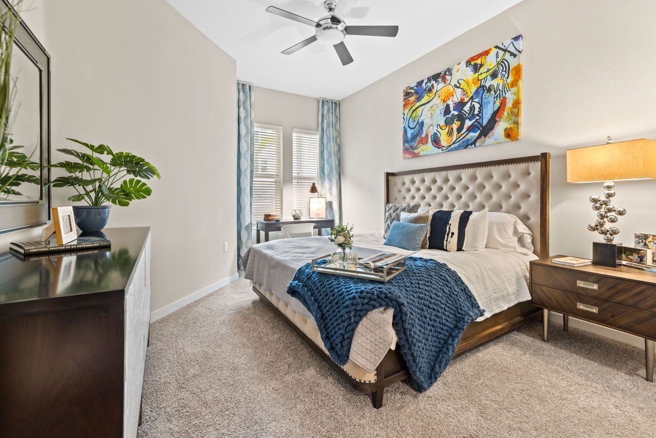 Bedroom in a modern apartment with a tufted headboard, nightstands, and a blue knit throw.