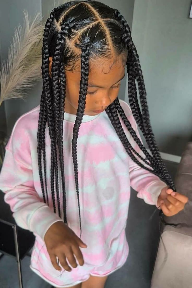 A little girl with braids in her hair is wearing a pink and white tie dye sweater.