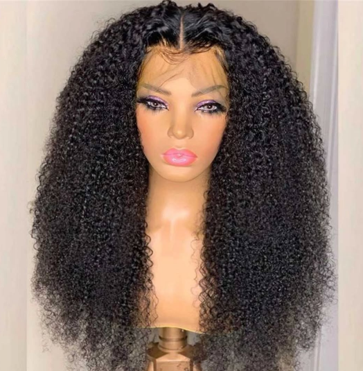 A mannequin is wearing a curly lace front wig.