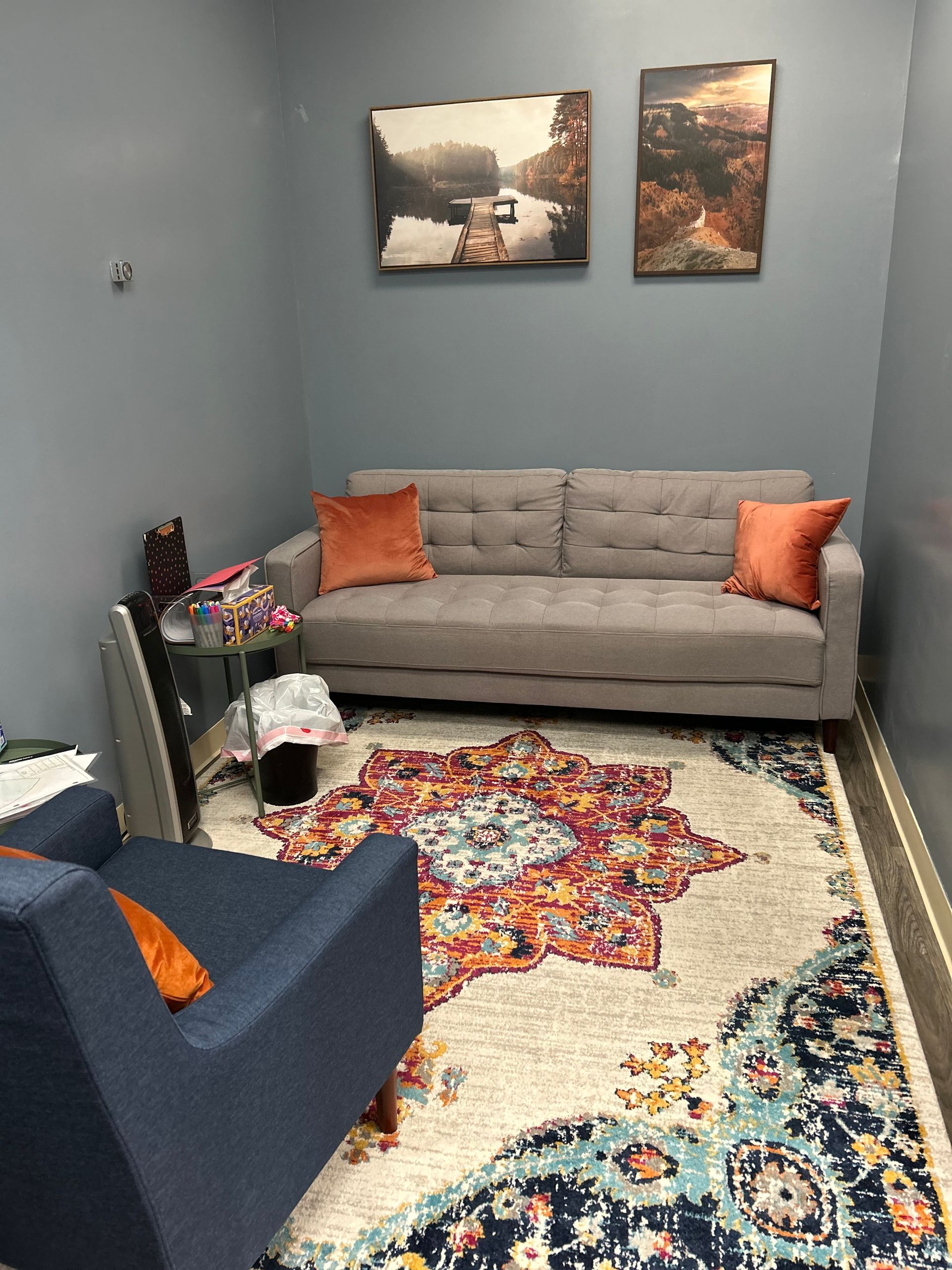 Peck Counseling's space for therapy, with a couch , chair , and rug .