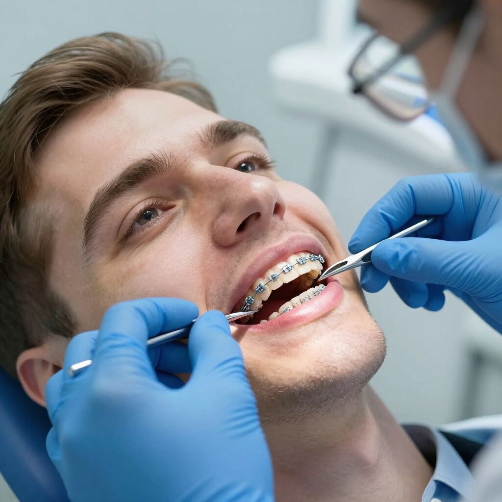 Hombre en el sillón dental con ortodoncia, recibiendo tratamiento. Manos con guantes azules y luz brillante.