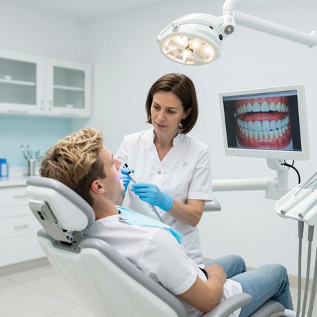 Dentista examinando los dientes de un paciente con herramientas. Una pantalla muestra imágenes dentales.