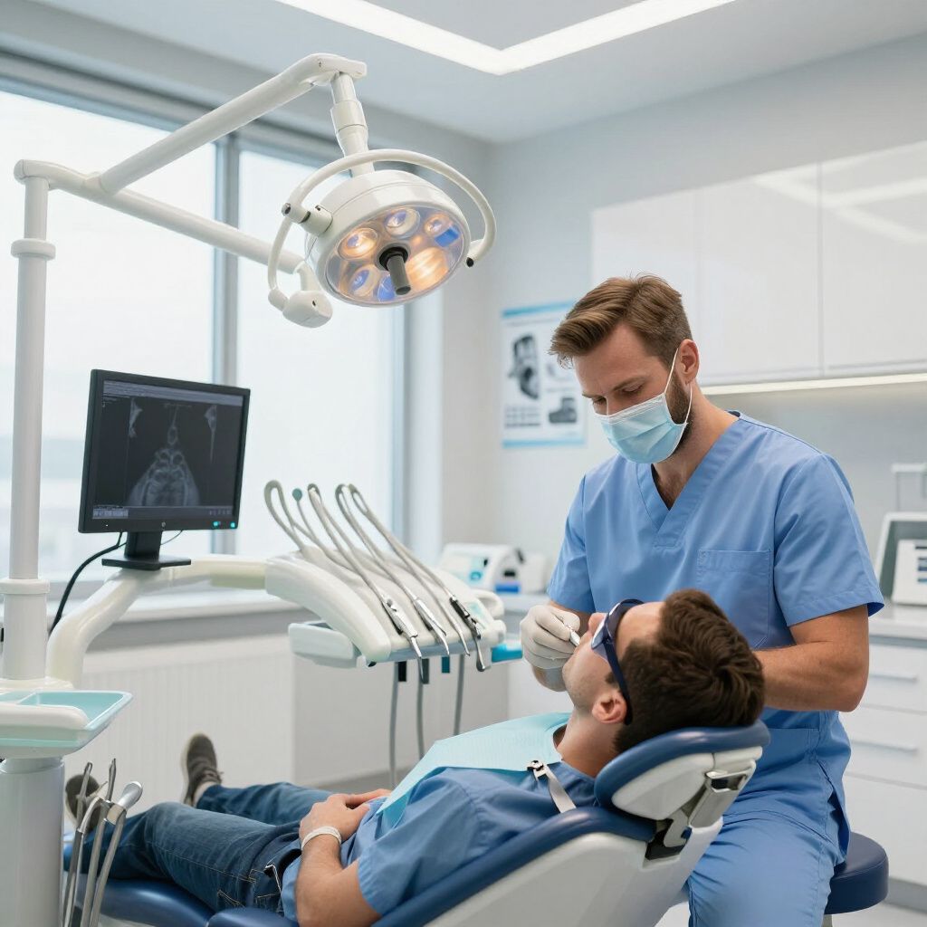 Dentista examinando los dientes de un paciente en una consulta bien iluminada. El paciente está reclinado en una silla.