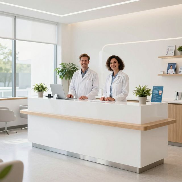 Dos personas con batas de laboratorio se encuentran detrás de un mostrador de recepción blanco en una oficina luminosa.