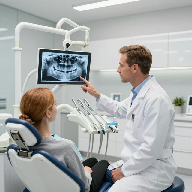 Dentista señala la radiografía del paciente en la pantalla del consultorio dental, explicando los hallazgos.