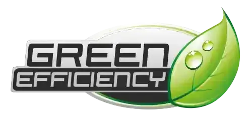 A green efficiency logo with a green leaf and water drops on it.