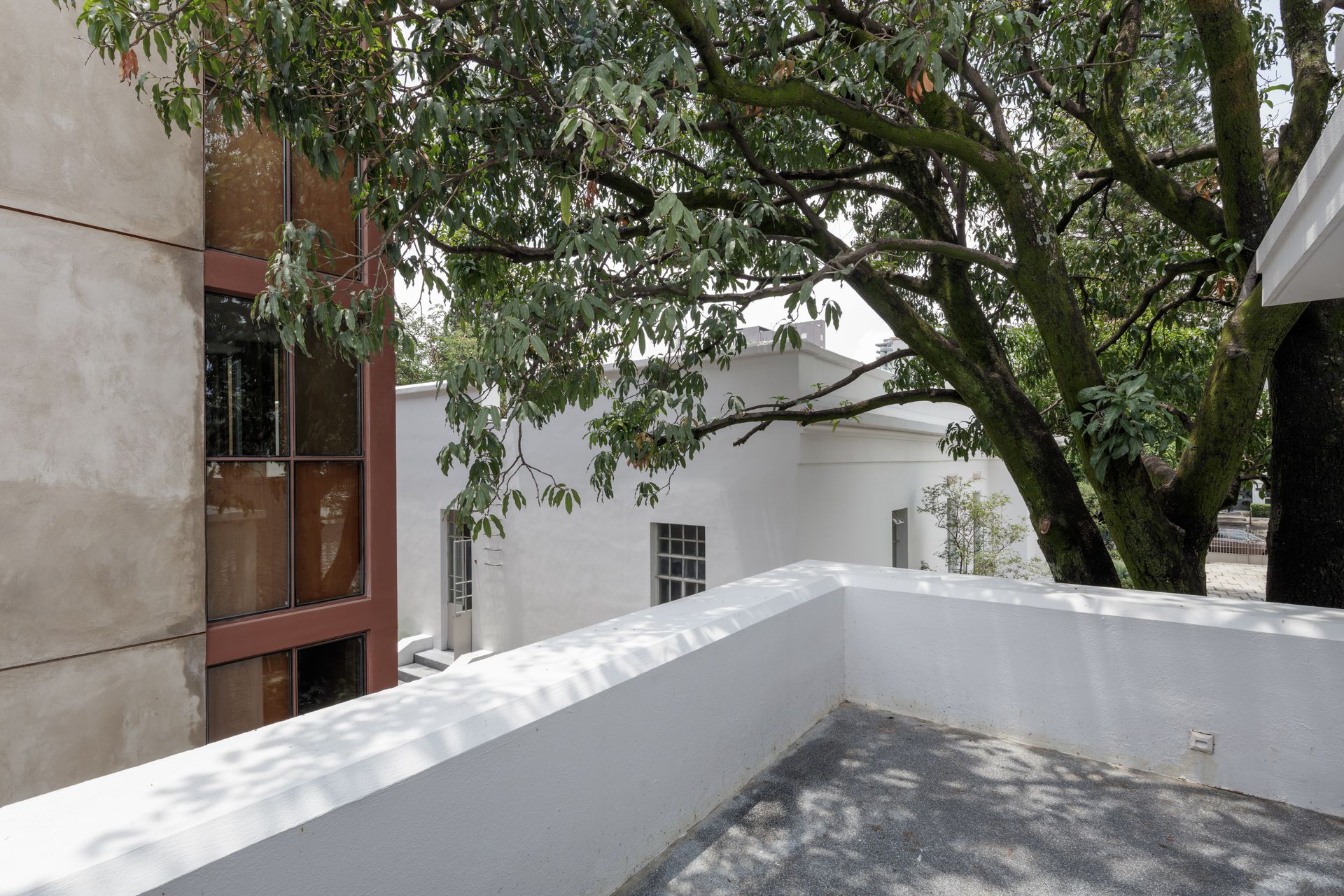 A balcony with a tree and a building in the background