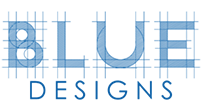 A blue designs logo with a grid behind it