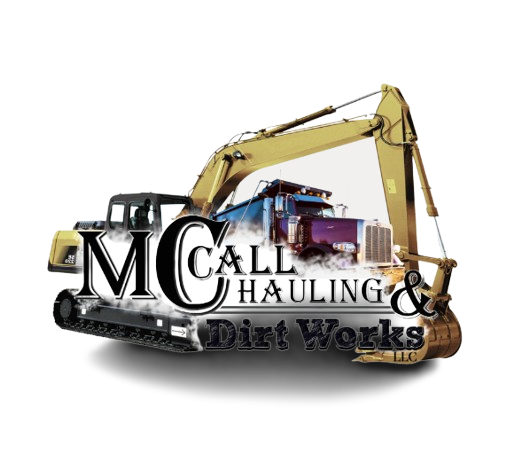 MC Call Hauling & Dirt Works logo with an excavator, truck, and text.