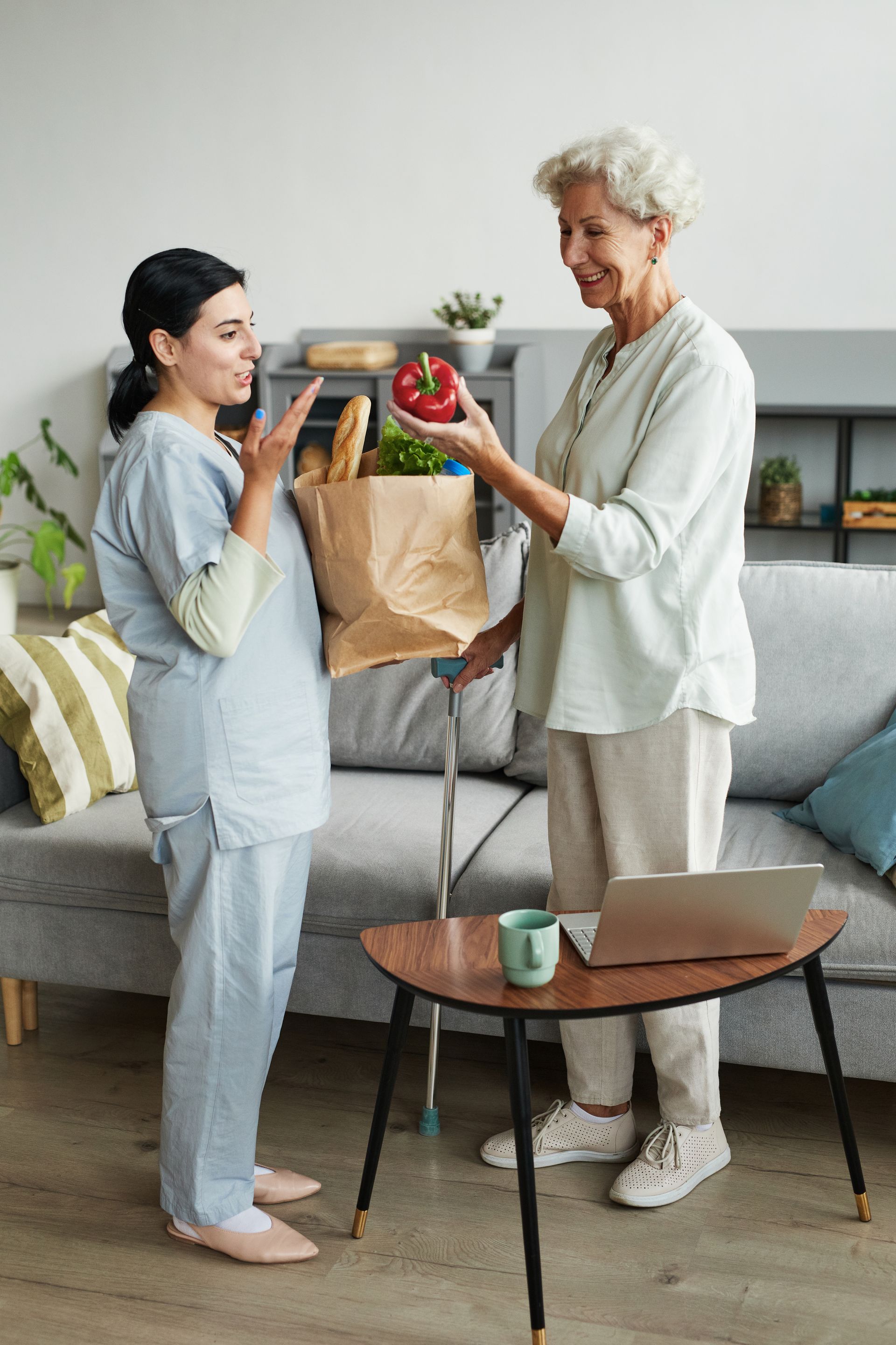 A caregiver holds a grocery bag while talking with a person in a living room, who holds up a red bell pepper.
