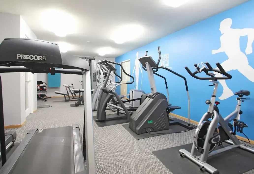 A gym with a treadmill and a spinning bike