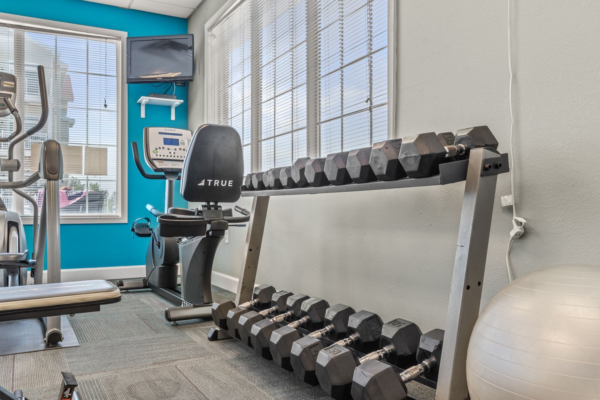 A gym with a lot of dumbbells and a ball