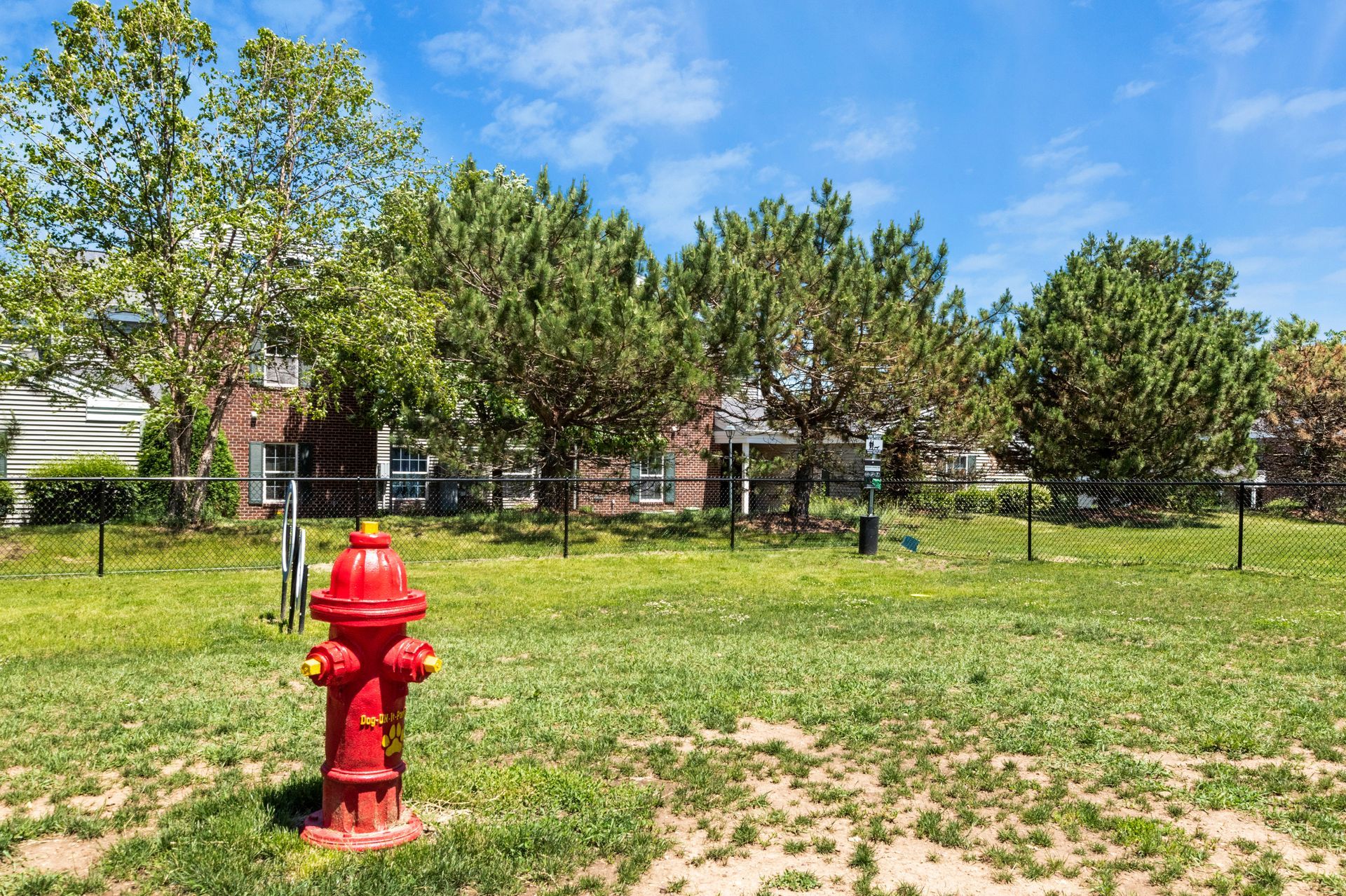 A red fire hydrant is in the middle of a grassy field.