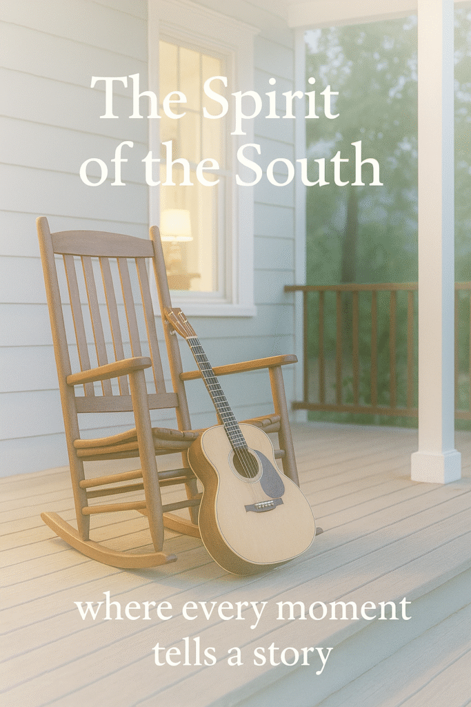 Rocking chair and guitar on a porch with text “The Spirit of the South” and “where every moment tells a story”