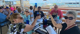 Friends toasting drinks at a seaside café, with boats and water in the background
