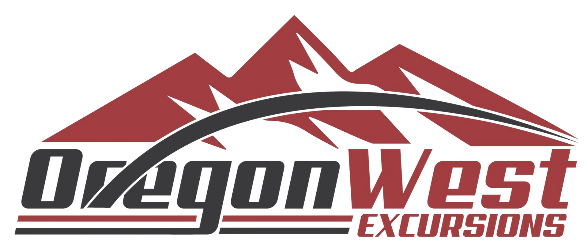 DragonWest Excursions red logo with stylized mountain peaks and italic text