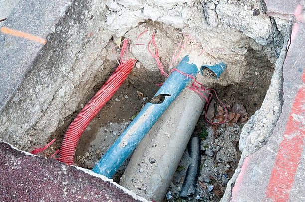 Broken underground blue PVC water pipe in trench.