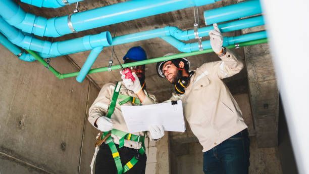 Engineers checking blueprints under blue ceiling pipes.