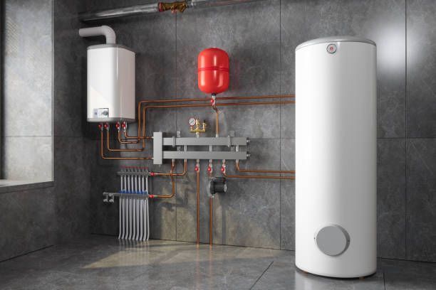 Modern boiler room with water heater and copper pipes.