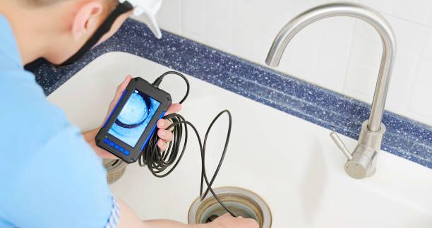 Close-up of a plumber inspecting a kitchen sink drain with a handheld digital snake camera.
