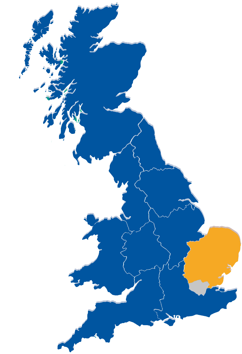 Map of the UK with East Anglia in yellow