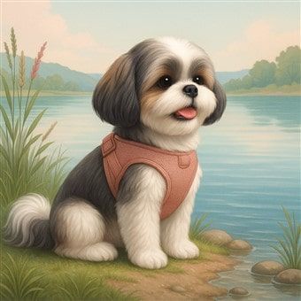 A Shih Tzu by lake water
