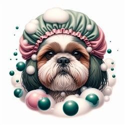 Shih Tzu dog with bubbles and shower cap