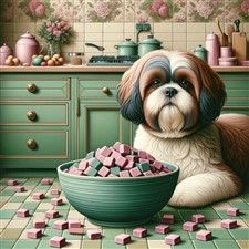 Shih Tzu food and treats, dog is near a green bowl filled with salmon treats
