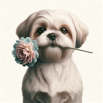 Shih Tzu with sweet personality, holding flower in his mouth