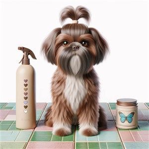Shih Tzu with paw treatment bottle and jar