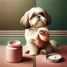 Shih Tzu with a jar of paw care cream, illustrated 
