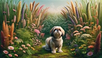 Shih Tzu allergy pic, outside with grasses and weeds