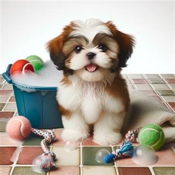 Shih Tzu with Toys in a Soapy Bucket