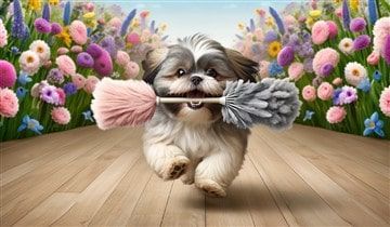 Shih Tzu Cleaning with Feather Duster 