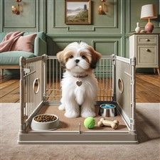 Shih Tzu gated area with toys and food bowl inside