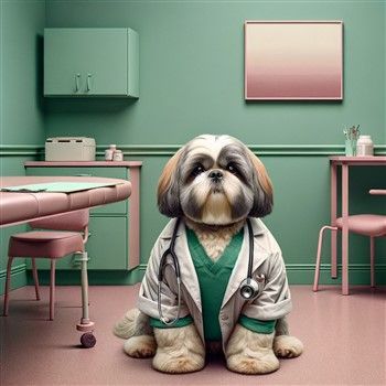 Shih Tzu in doctor's coat with stethoscope 