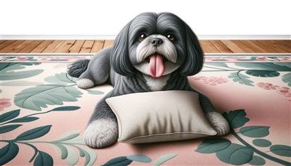 Shih Tzu about to lick pillow 