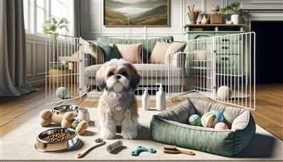 Shih Tzu dog with all supplies
