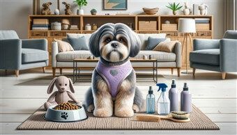 Shih Tzu Dog with Lots of Supplies