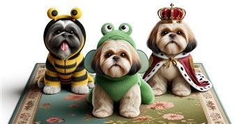 Shih Tzu dogs in bumblebee, frog and royal cape costumes