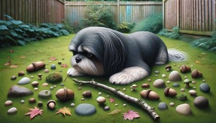 Shih Tzu about to eat things off the ground, illustrated 