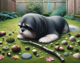 Shih Tzu about to eat things off the ground, illustrated 