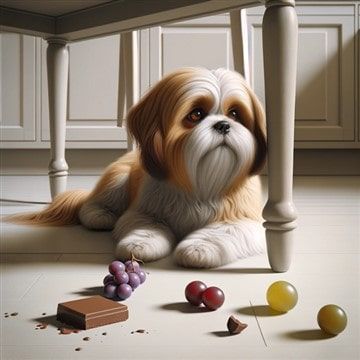 Shih Tzu food on floor, grapes and chocolate