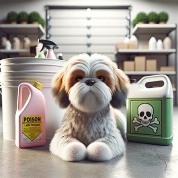 Shih Tzu in Garage with Rodenticides and Insecticides
