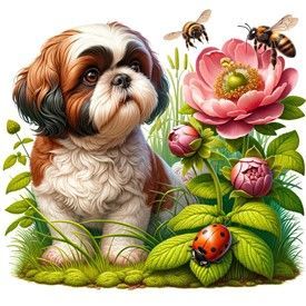 Shih Tzu next to flower with yellow jackets, illustrated