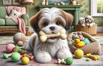 Shih Tzu puppy with teething toy, illustrated