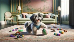 Shih Tzu puppy, playing with colorful toys, illustrated