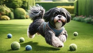 Shih Tzu running on grass with tennis balls, illustrated
