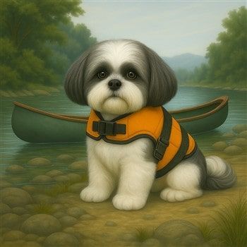 Shih Tzu wearing life vest to canoe