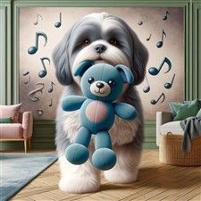 Shih Tzu with blue fabric toy 